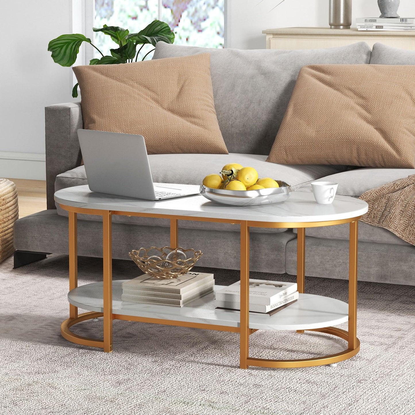 Tangkula Table basse moderne, table centrale ovale de 99 cm avec plateau en faux marbre blanc et cadre en métal doré (moderne, blanc, 99 cm)