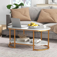 Tangkula Table basse moderne, table centrale ovale de 99 cm avec plateau en faux marbre blanc et cadre en métal doré (moderne, blanc, 99 cm)
