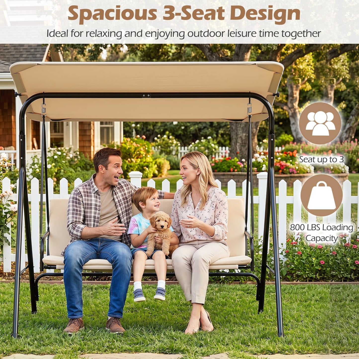 Tangkula 3 Person Porch Swing Outdoor Swing with Removable Cushions