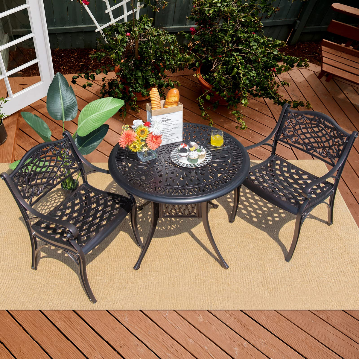 Tangkula Ensemble de bistrot 3 pièces en fonte d'aluminium pour patio, meubles de table et chaises d'extérieur pour porche et balcon