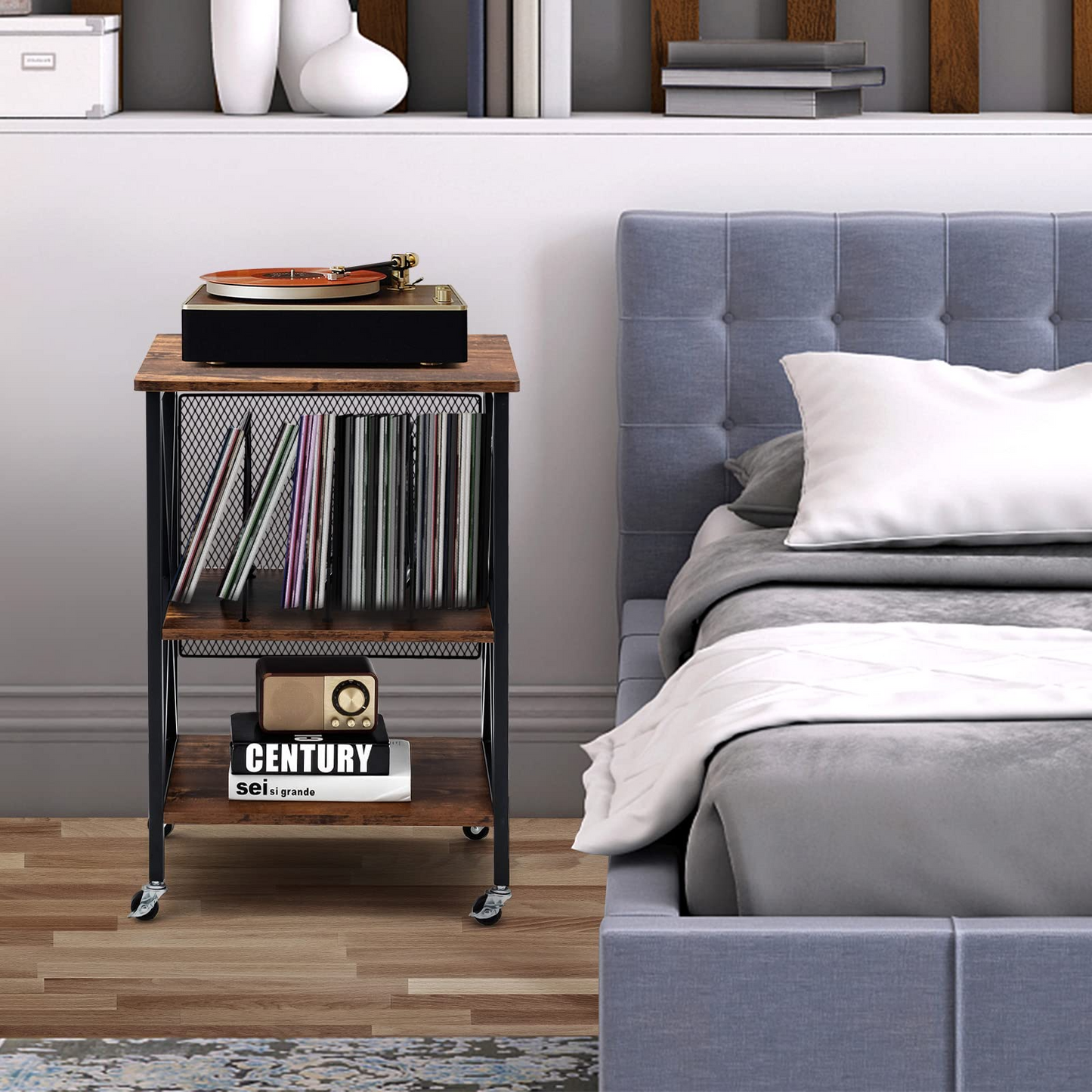 TANGKULA Record Player Stand, 3 Tier Rolling Turntable Stand