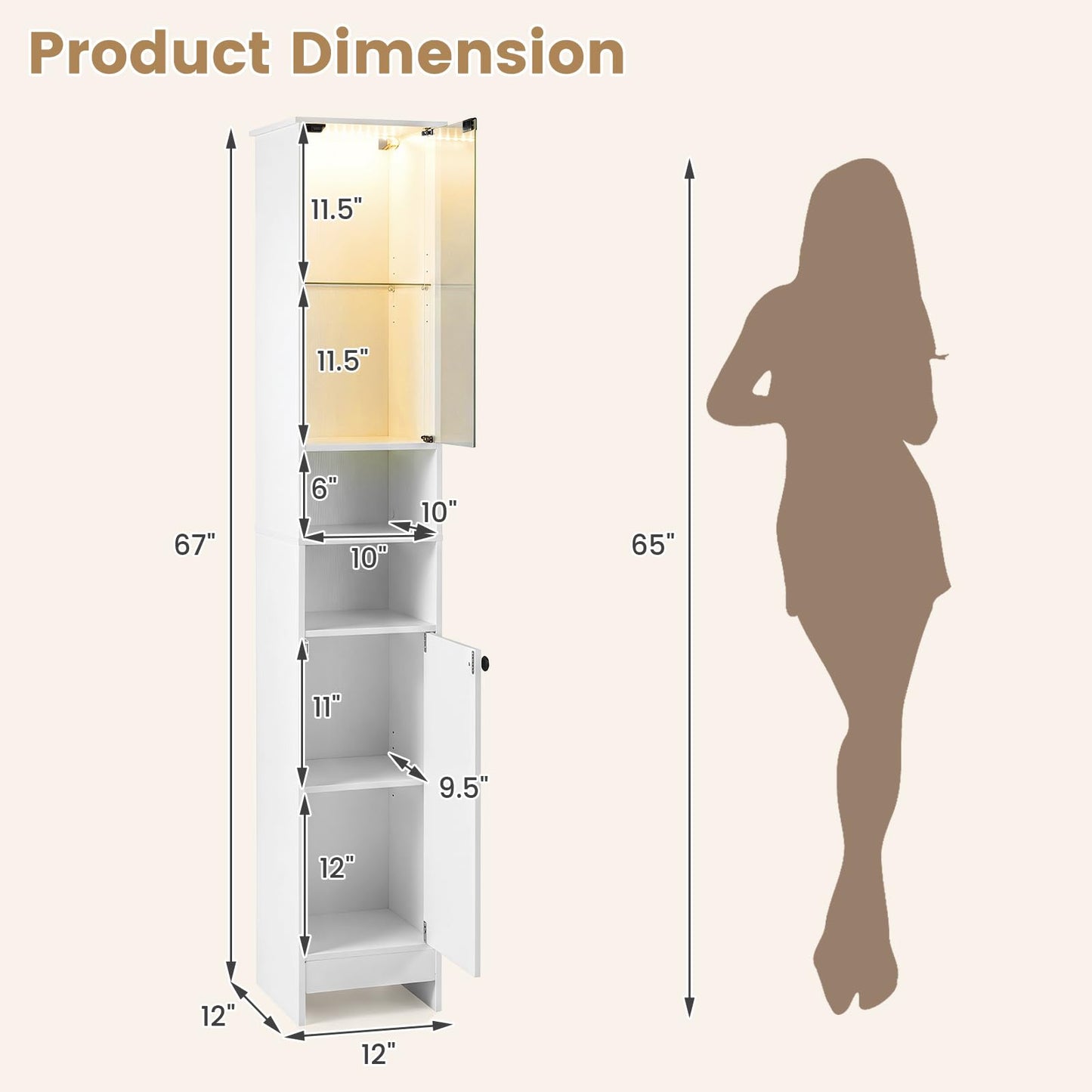 Tangkula Tall Bathroom Storage Cabinet with Lights and Remote