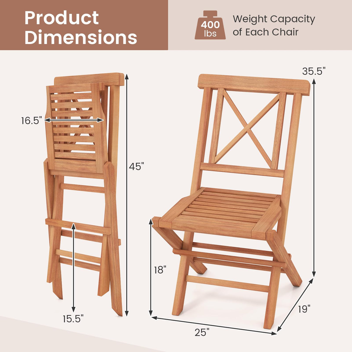 Tangkula Teak Wood Folding Patio Chairs Set of 2/4 (X-Shaped Back）