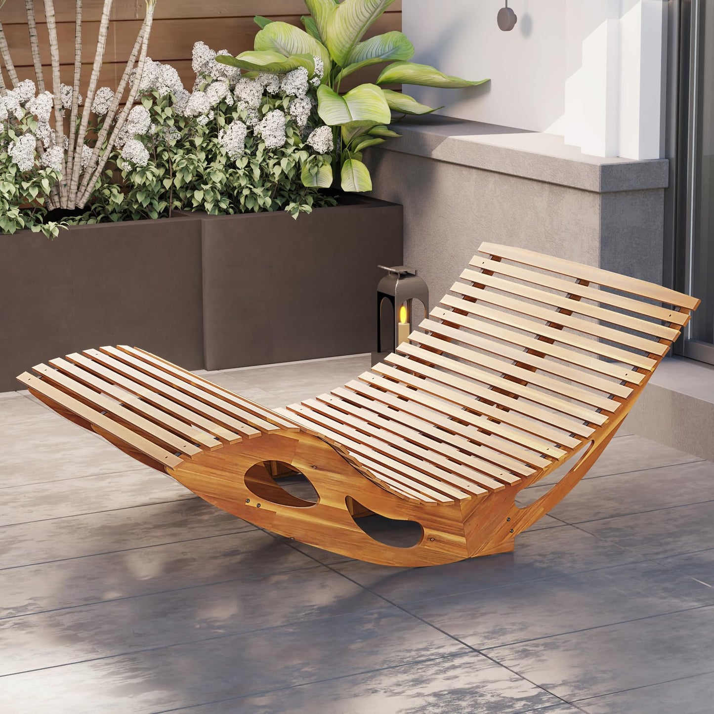 Tangkula Outdoor Double Chaise Lounge Chair, Acacia Wood Rocking Sunbed with Slatted Backrest and Seat
