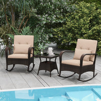 Tangkula 3 Pieces Rocking Bistro Set, Patiojoy Outdoor PE Rattan Rocker Chairs with Removable Cushions & Tempered Glass Top Coffee Table
