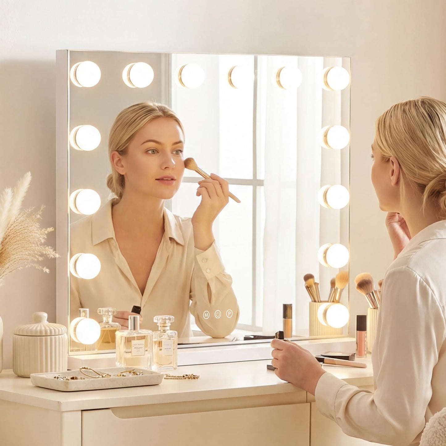 Tangkula Miroir de Maquillage 50,8 x 43,2 cm avec 14 Ampoules Modes d'Éclairage et Luminosité Réglables