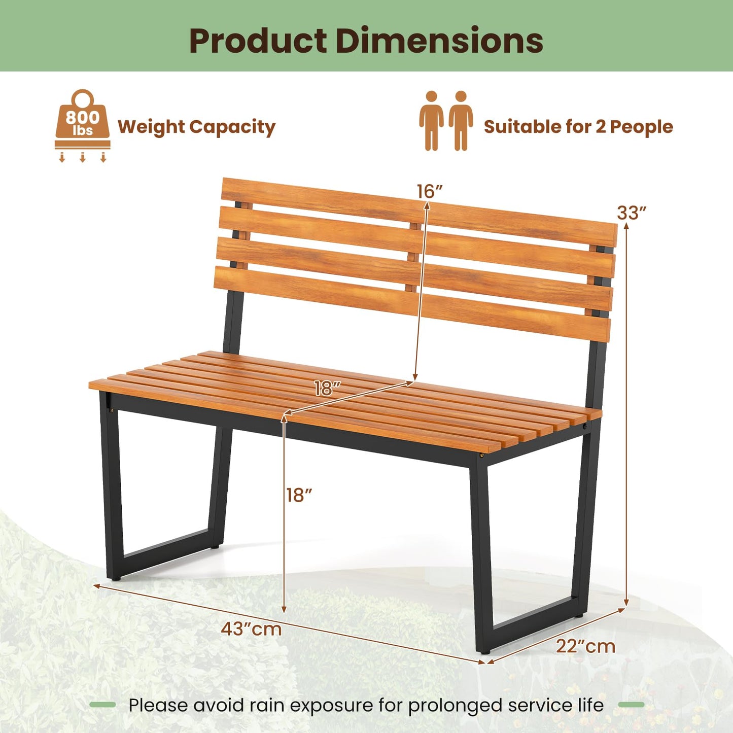 Banc d'extérieur en bois Tangkula 43" avec cadre métallique robuste