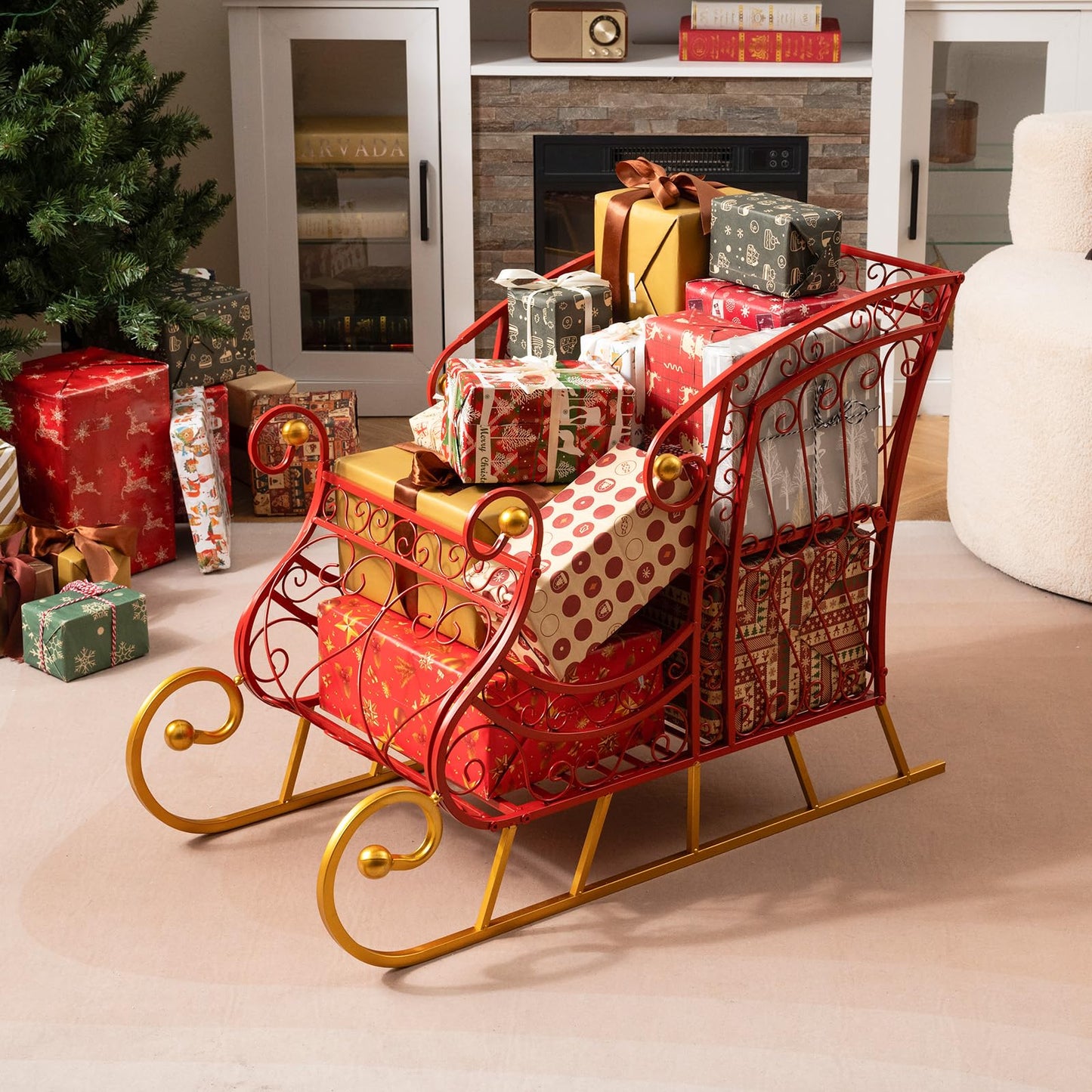Tangkula Metal Christmas Santa Sleigh Basket with Large Cargo Area