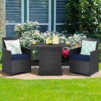 3 Pieces Patio Dining Set, Space-Saving PE Rattan Bistro Set with Tempered Glass Top Table and Cushioned Chairs
