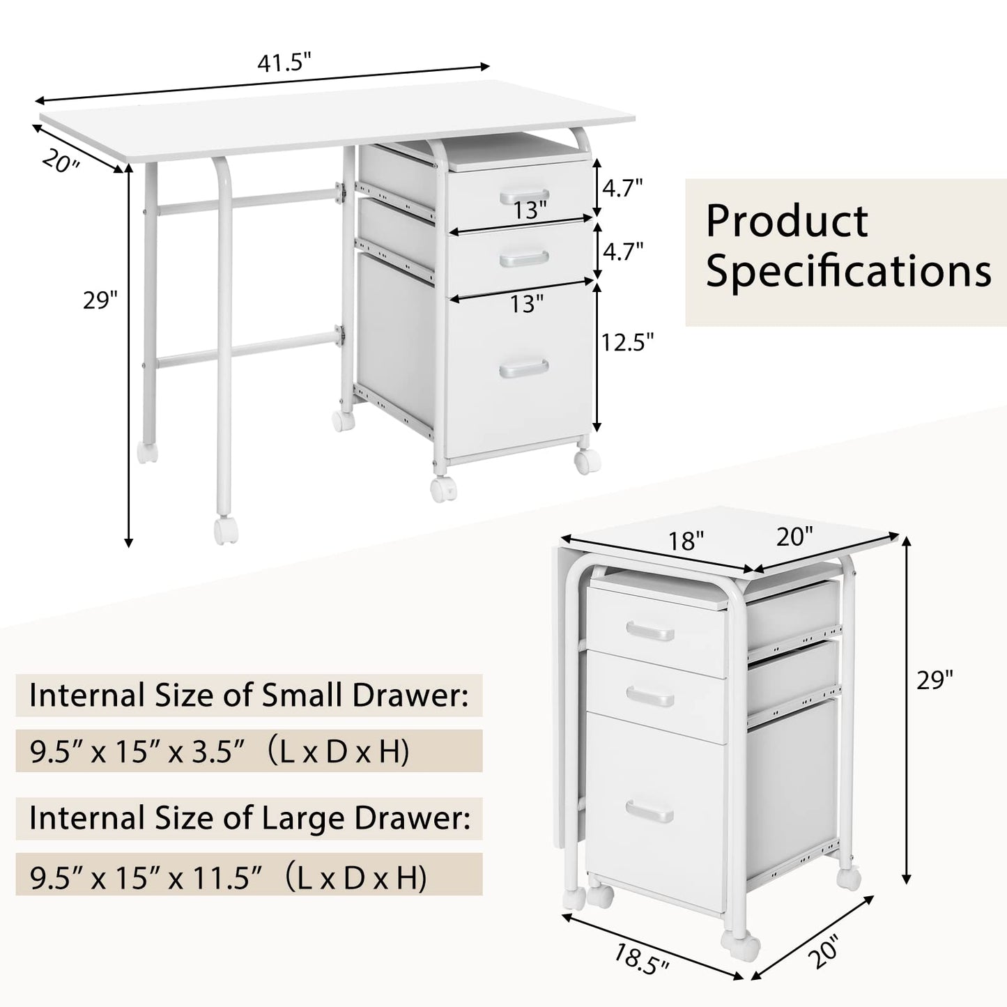 Tangkula White Folding Desk with 3 Drawers, Mobile Home Office Desk, Portable Laptop Desk Writing Table