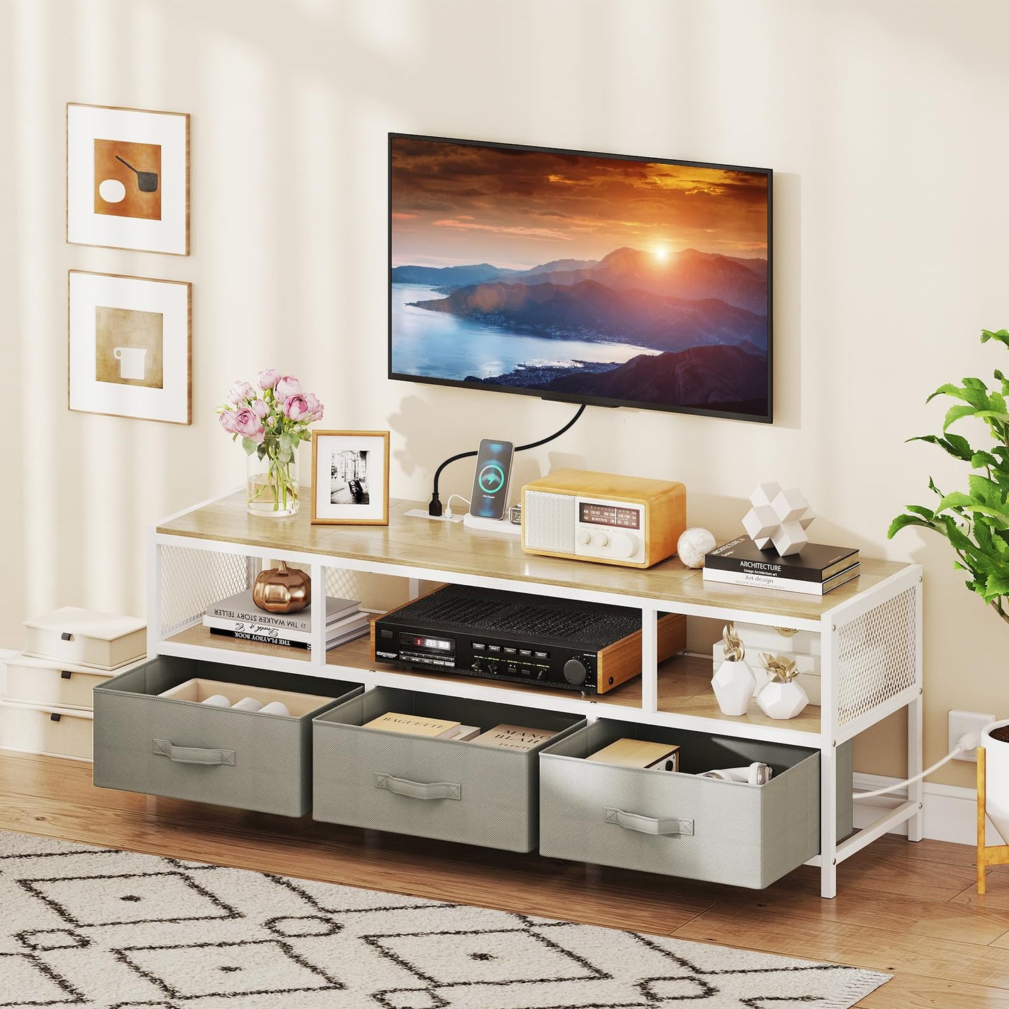 Tangkula Farmhouse TV Stand for TVs up to 65" 3-Tier Entertain Center