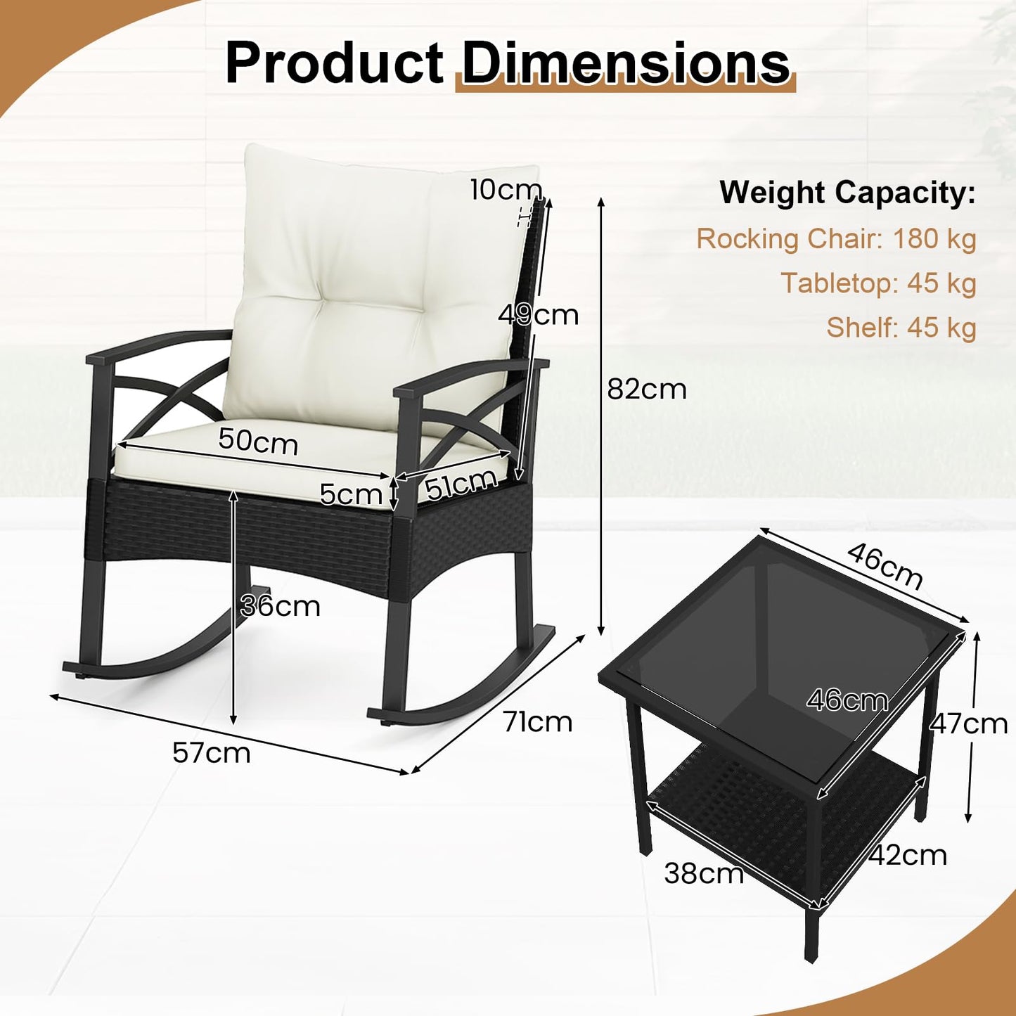 3 Pieces Rattan Outdoor Rocking Chairs Set with 2-Tier Tempered Glass Coffee Table