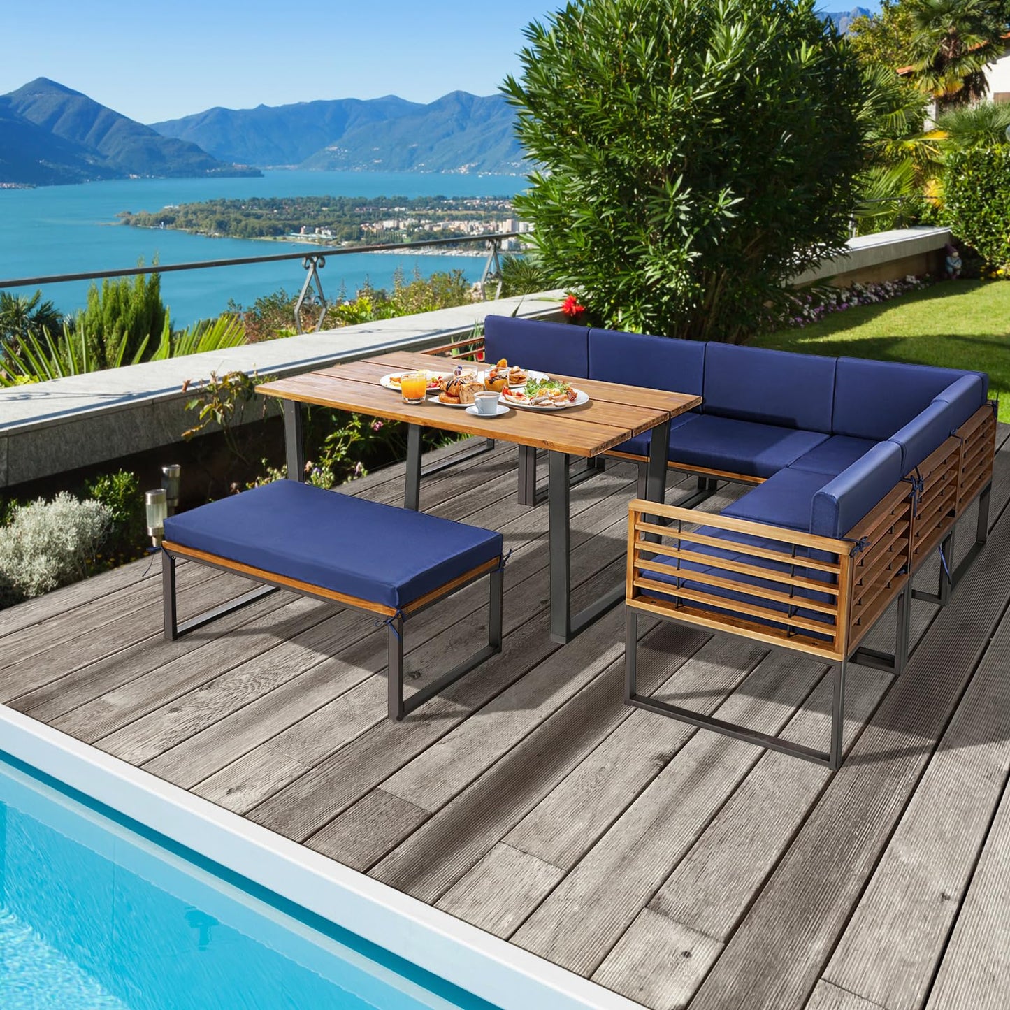 Tangkula 8 Piece Patio Dining Set, Acacia Wood Conversation Sofa Set