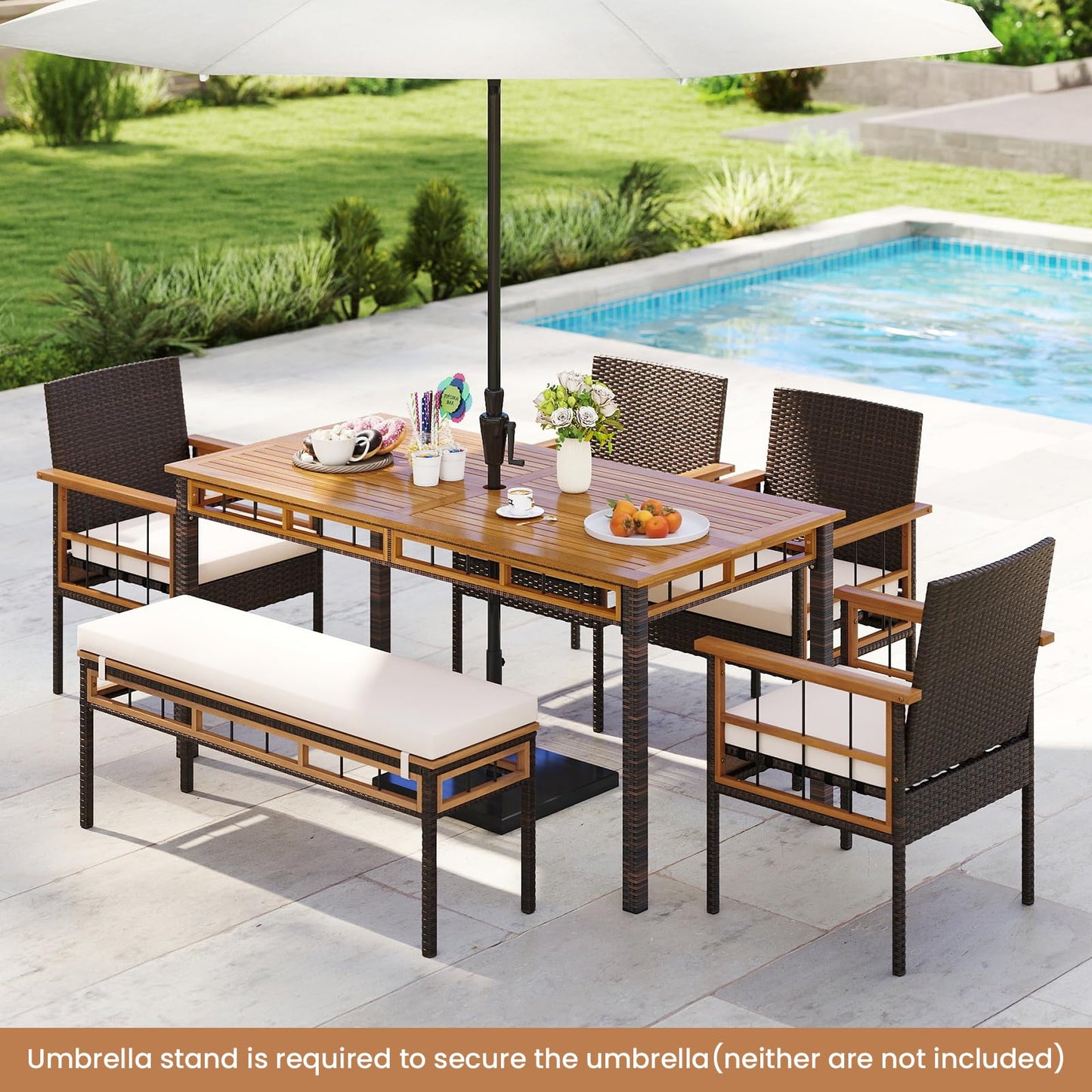 Tangkula Ensemble de 6 meubles de salle à manger d'extérieur avec trou pour parasol de 5 cm, banc sans dossier rembourré et 4 fauteuils