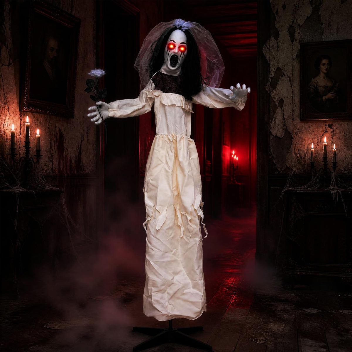 Tangkula 5.7 FT Halloween Standing Animatronics Ghost Bride with Flower