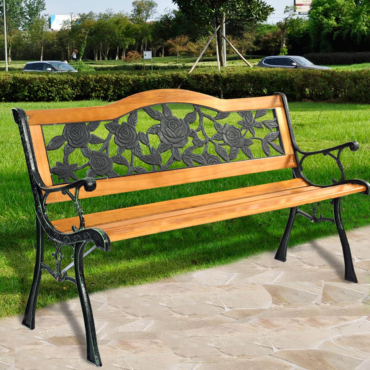Tangkula Outdoor Garden Bench Park Bench, Patio Bench Chair with Cast Iron & Hardwood Structure
