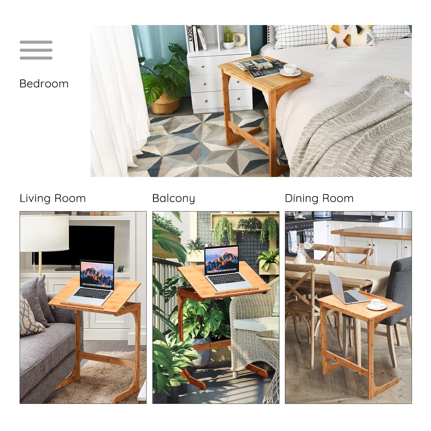Bamboo TV Tray Sofa Side Table, 7 Angles Adjustable Couch Table