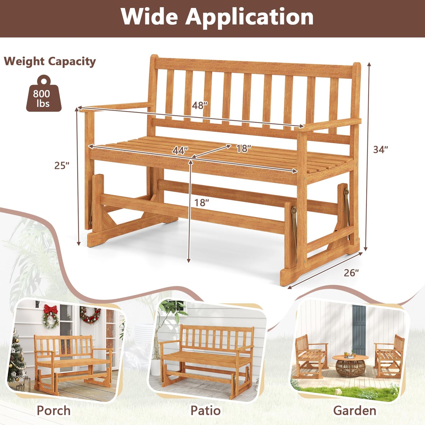 Tangkula 2-Person Outdoor Acacia Wood Glider Bench