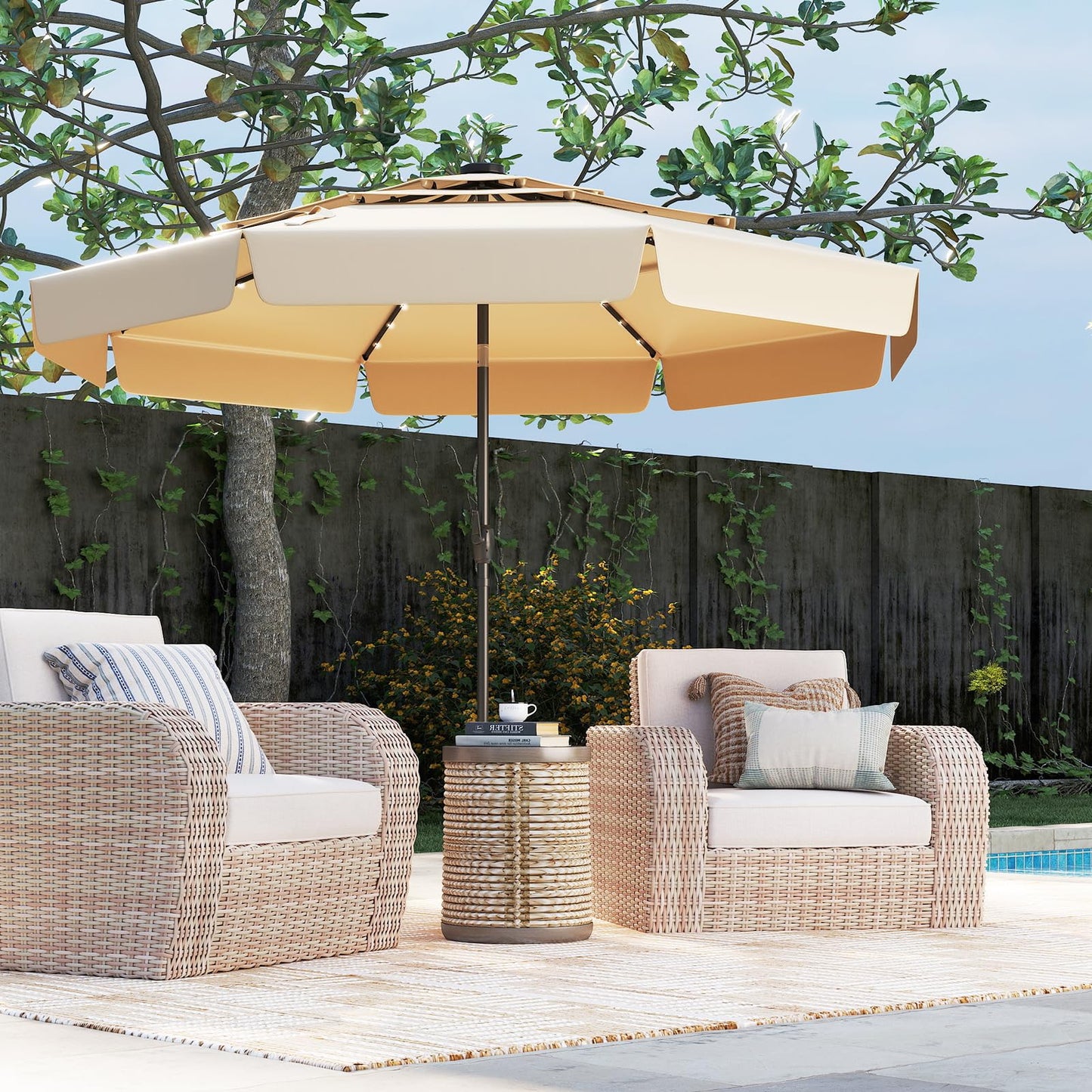 Tangkula 3 Tiers Scalloped Outdoor Table Market Umbrella with 32 LED Lights