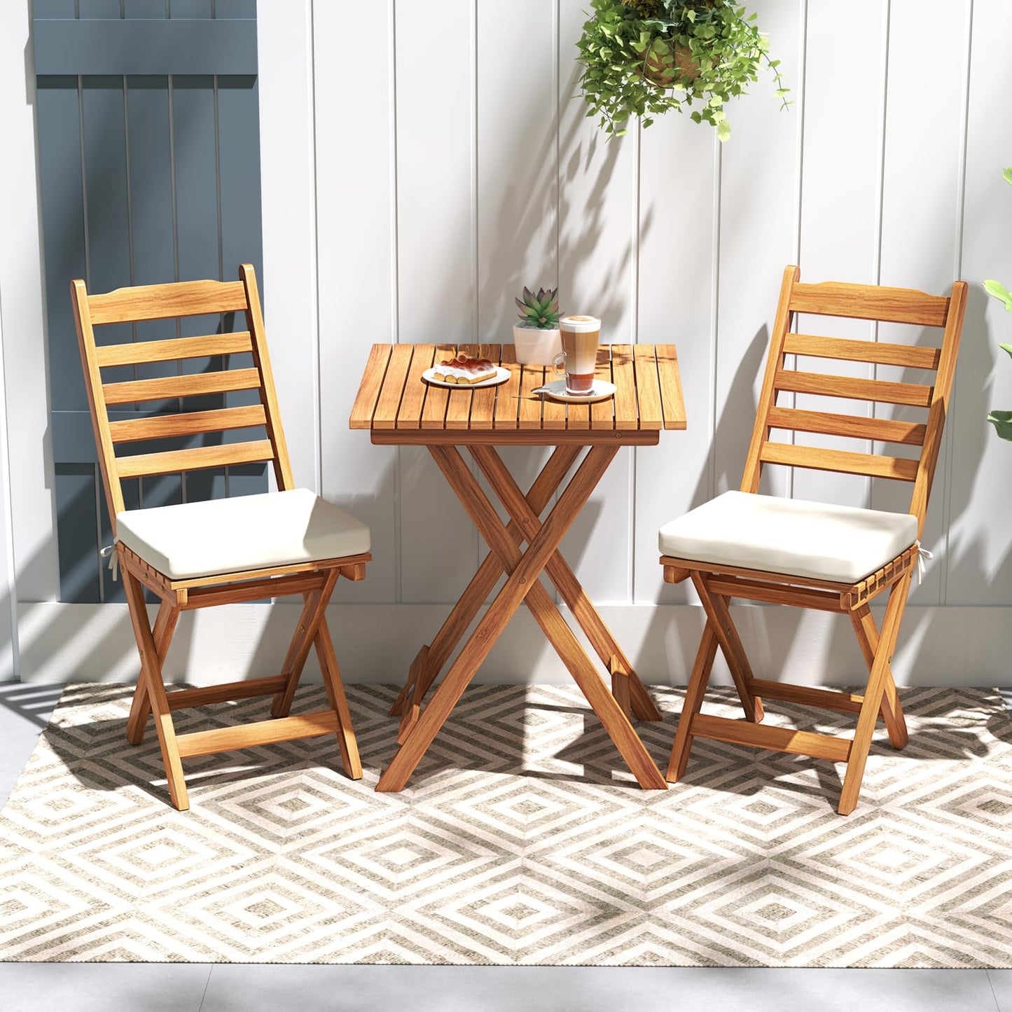 Tangkula Outdoor Wood Bistro Set Folding Chair Table Set