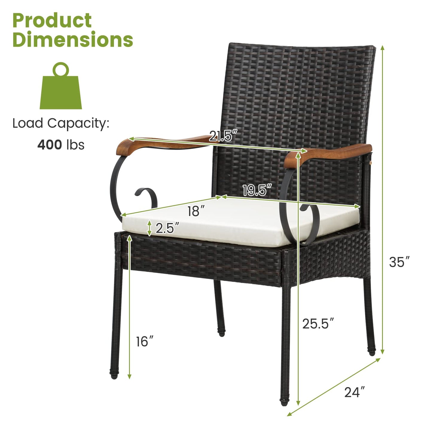 Ensemble de 2 chaises de jardin en rotin PE avec coussins souples zippés, cadre en métal robuste et osier toutes saisons