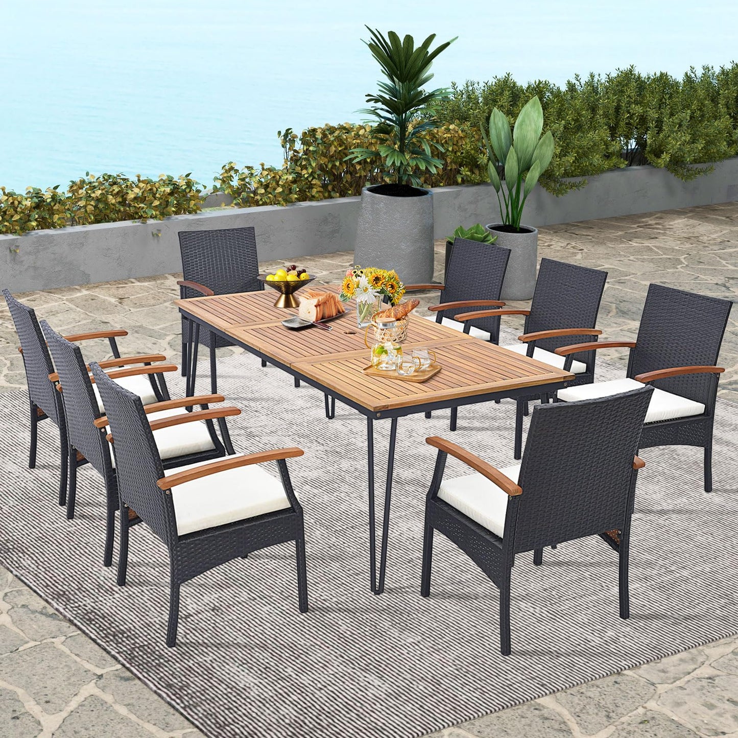 Tangkula Salon de jardin en rotin pour 8 personnes, table en bois d'acacia