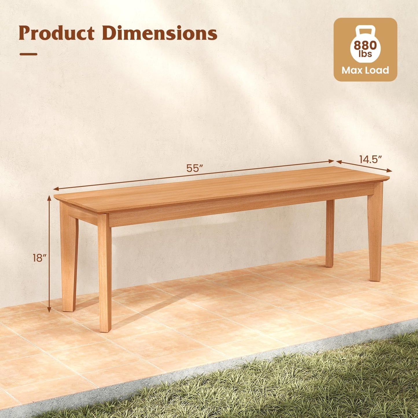 Tangkula 55" Teak Wood Bench 3-Person Backless Seating