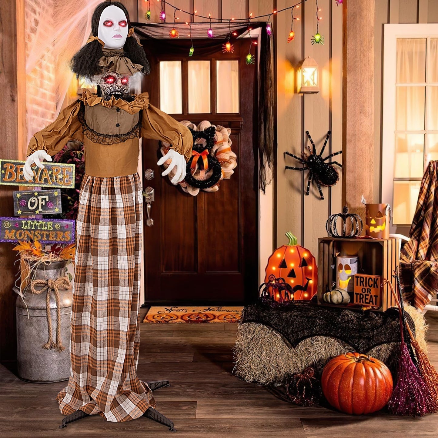 Tangkula 5.8 FT Halloween Animated Haunted Woman with Pop Up Head, Animatronic Scary Witch with Sound Activated Design & Control Button