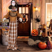 Tangkula 5.8 FT Halloween Animated Haunted Woman with Pop Up Head, Animatronic Scary Witch with Sound Activated Design & Control Button