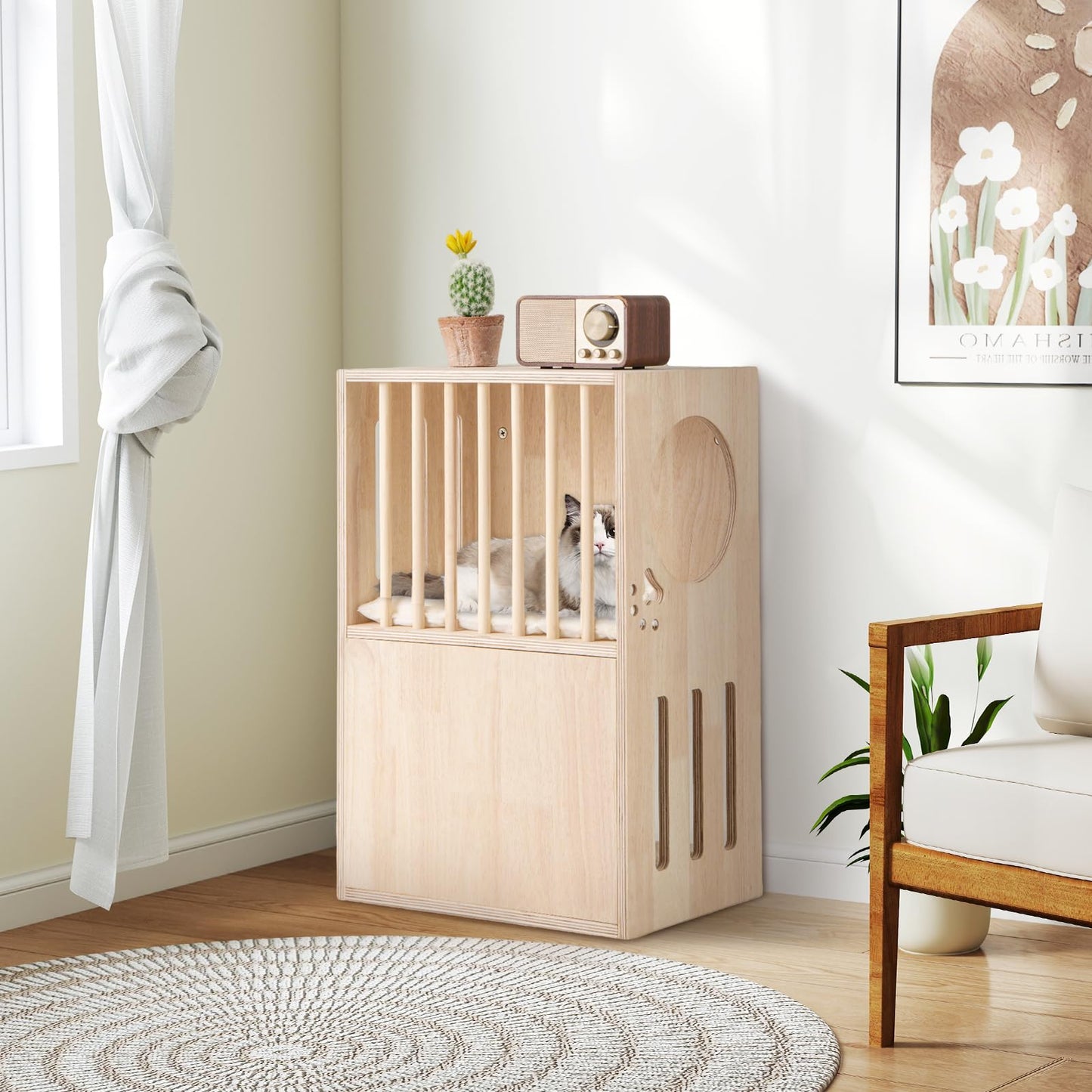 Tangkula 2 Tier Luxury Wood Cat House w/ 2 Washable Plush Cushions