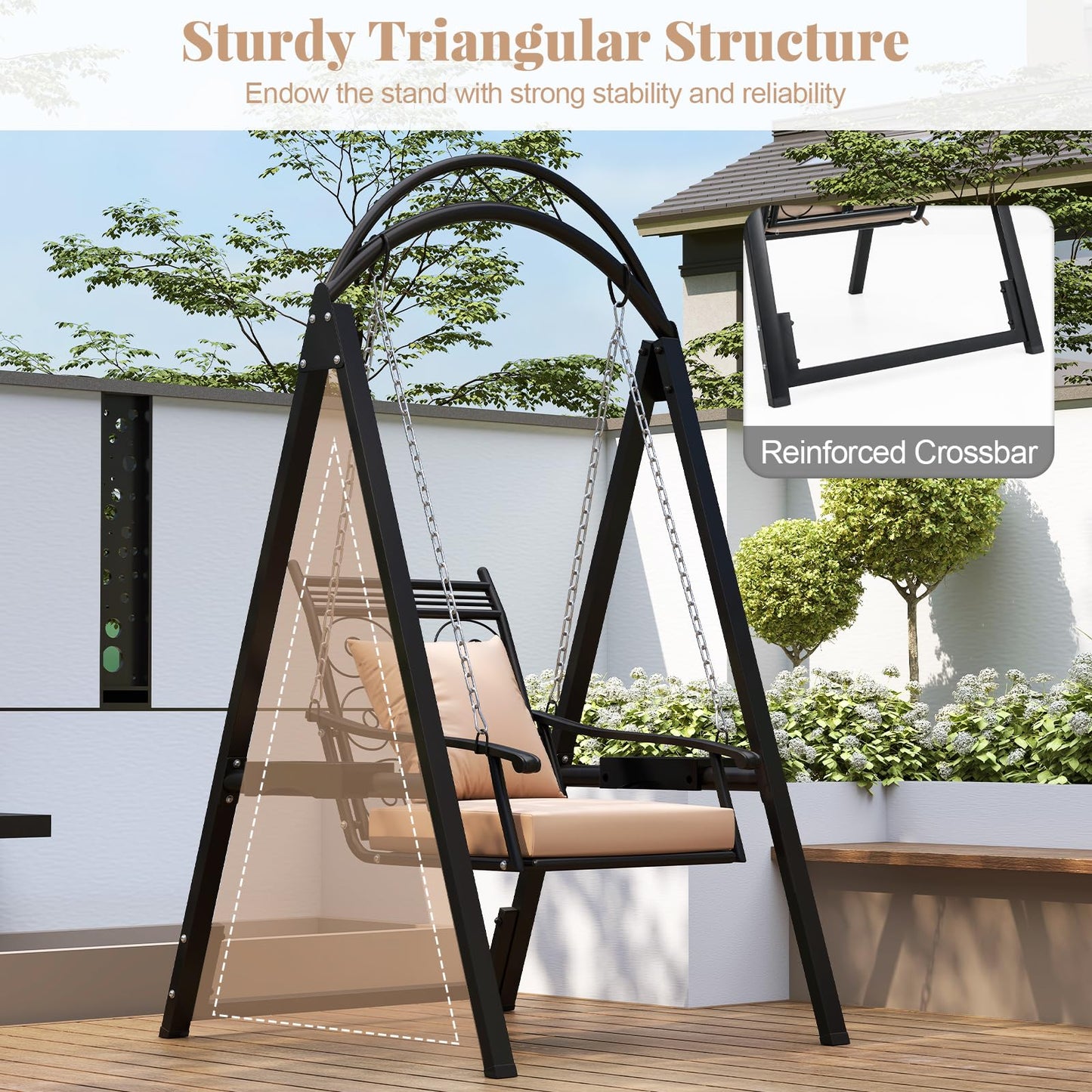 Balancelle de patio extérieure Tangkula avec cadre métallique robuste, coussins amovibles et tables d'appoint