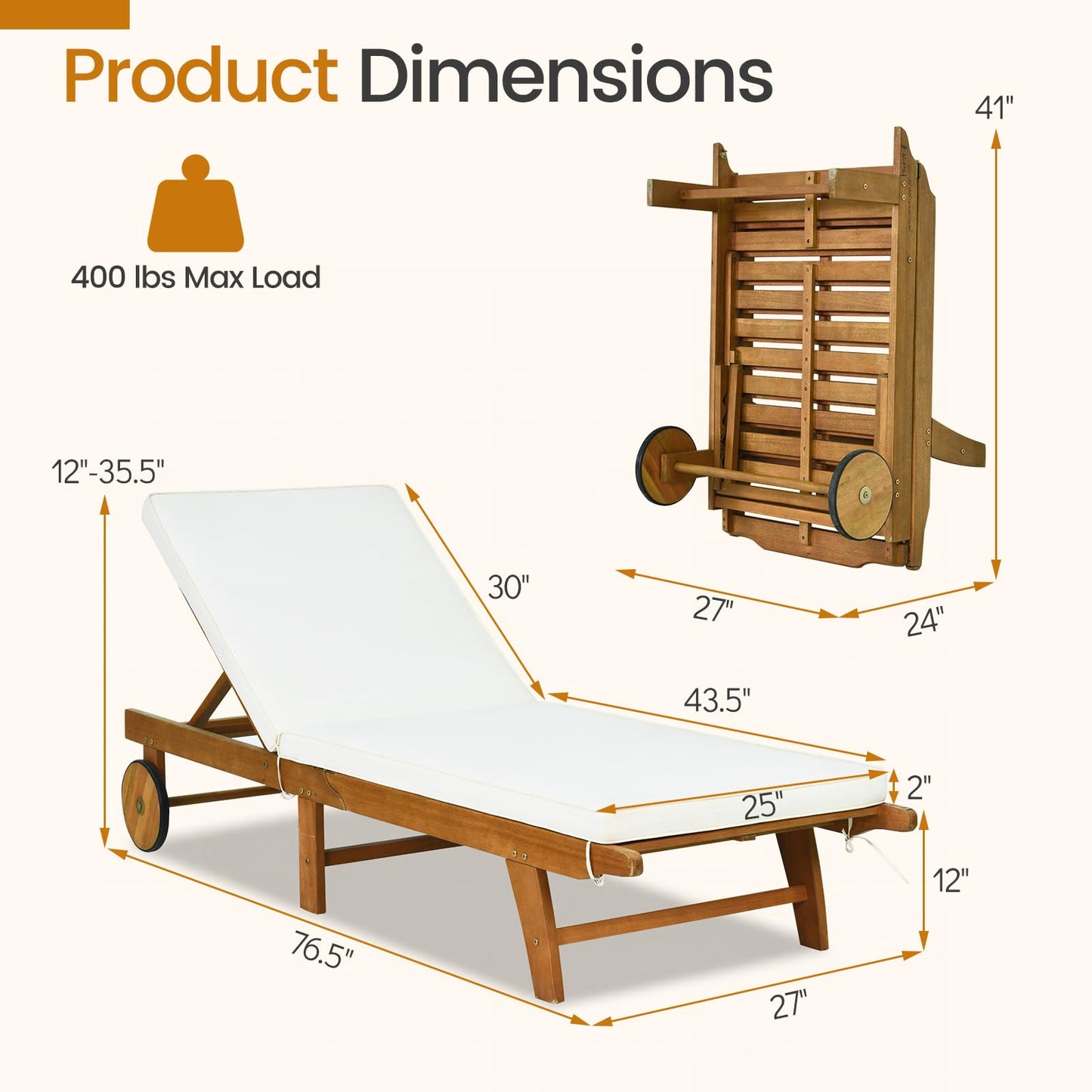 Tangkula Folding Patio Eucalyptus Wood Chaise Lounge with 5-Level Adjustable Backrest (1/2)