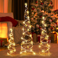 Tangkula Set of 3 Lighted Christmas Rattan Cone Trees, Holiday Decorative Trees with LED Lights and Metal Frame