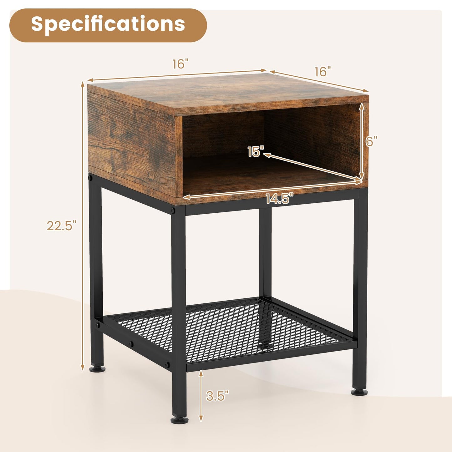 Tangkula 16” Wood Top Sofa Side Table with Metal Frame