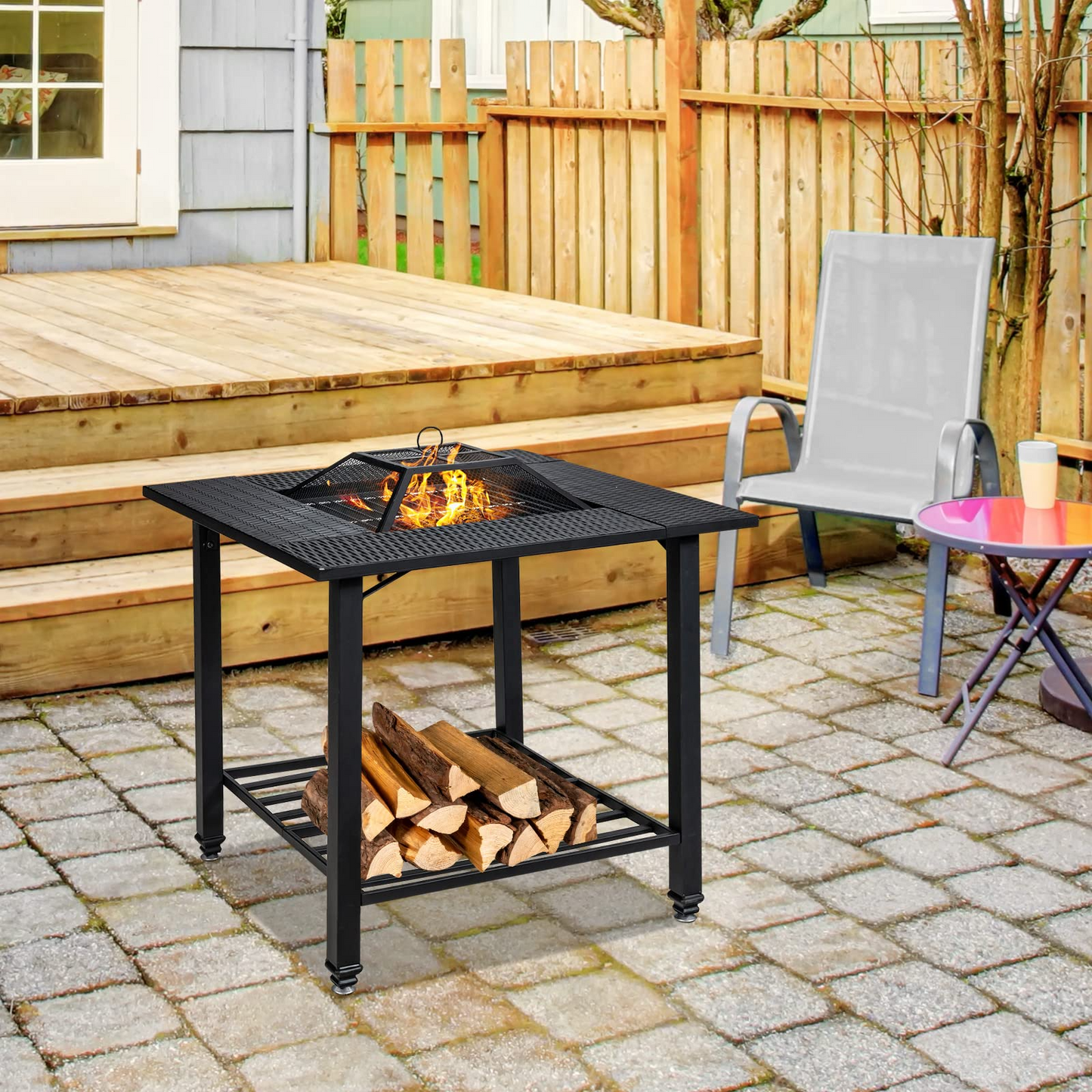 Tangkula 4 in 1 Outdoor Fire Pit, Heavy Duty Metal Square Wood Burning Fire Pit with Spark Screen Cover