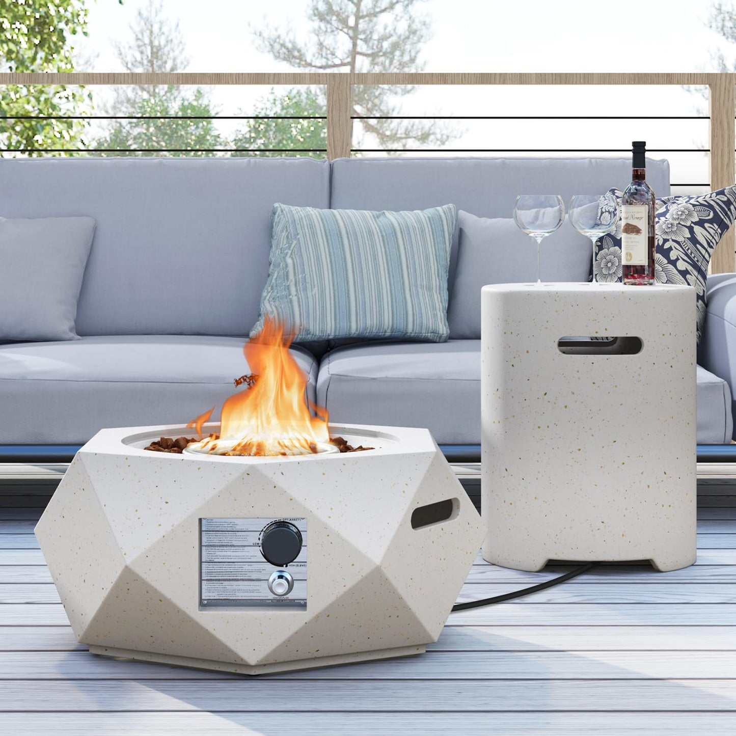 Ensemble table foyer propane Tangkula, braséro à gaz hexagonal en terrazzo de 28 po avec support de réservoir escamotable