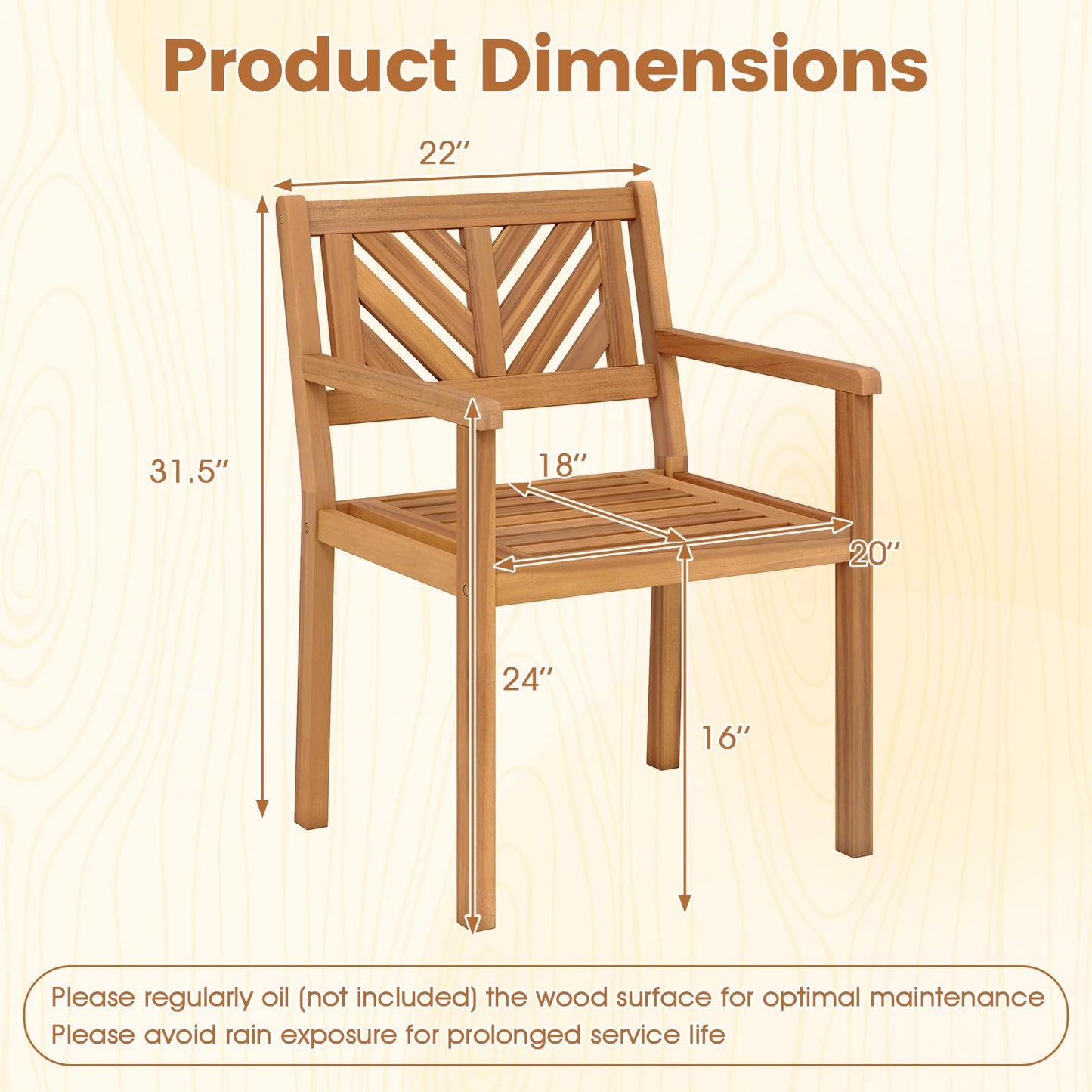 Tangkula Acacia Wood Patio Dining Chairs Set of 2/4 with 400 lbs Capacity