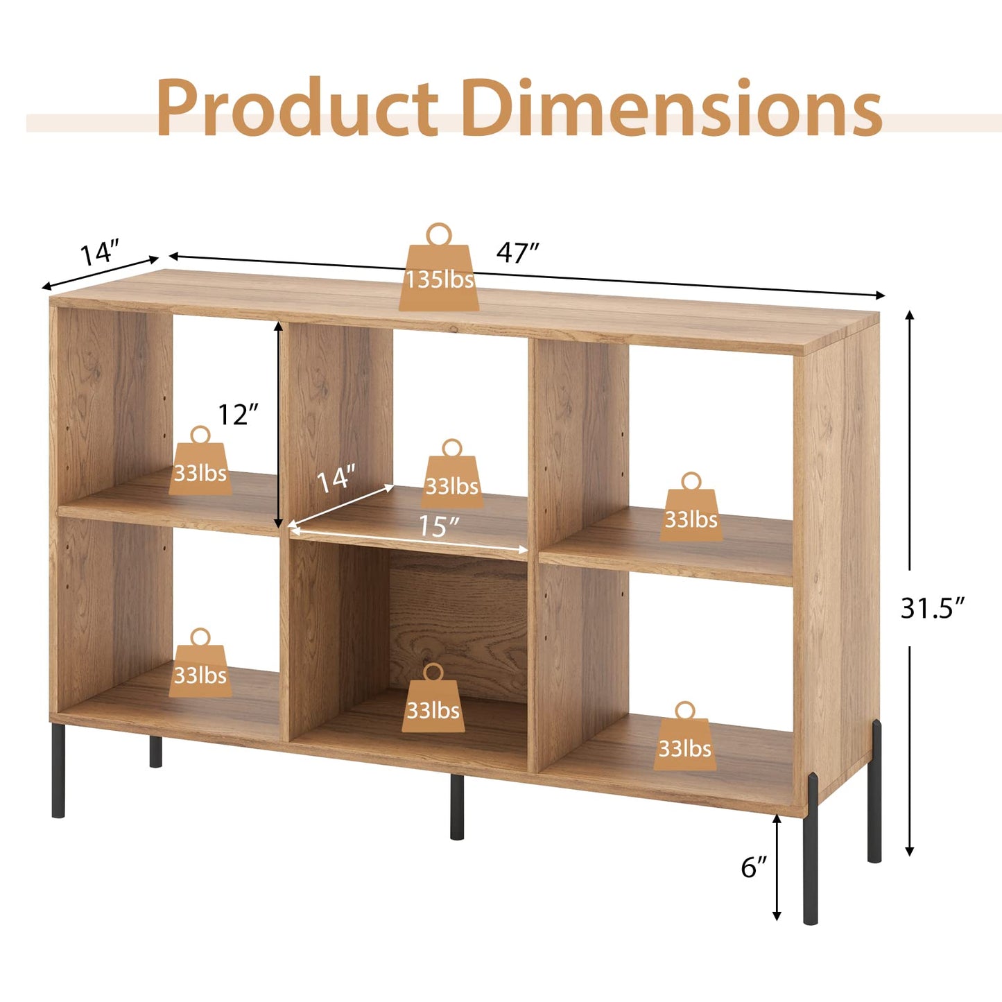 Tangkula 6 Cube Bookshelf, 2-tier Wood Storage Open Bookcase with Elevated Metal Legs, 5-Position Adjustable Shelf