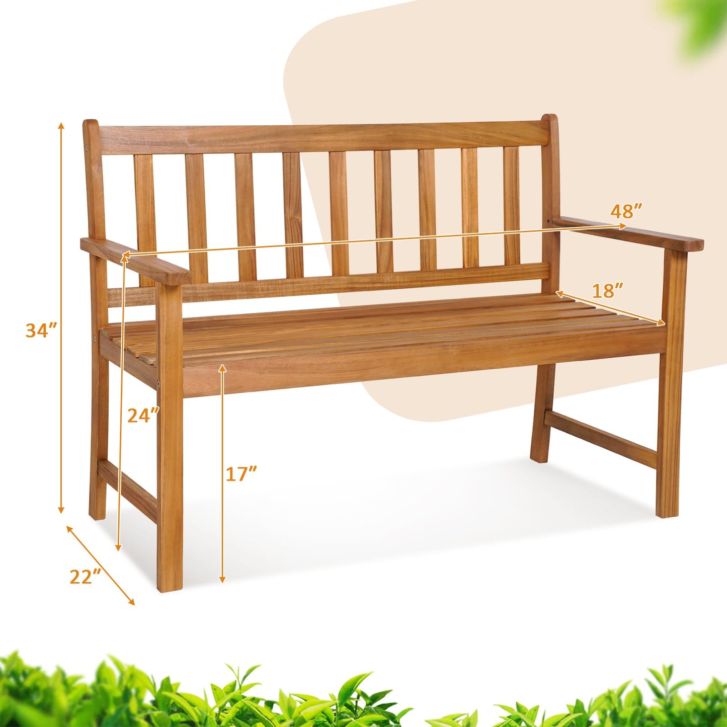 Tangkula Outdoor Acacia Wood Bench, 2-Person Garden Bench with Backrest and Armrests