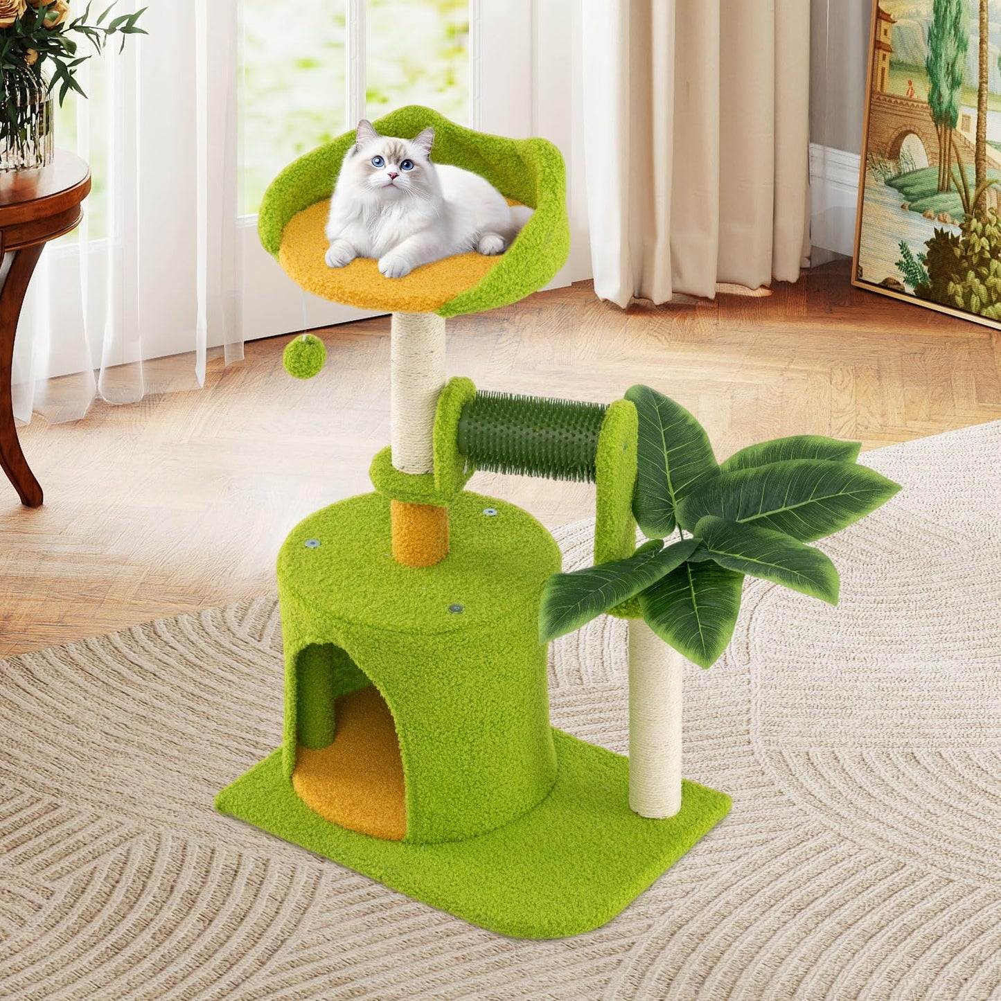 Arbre à chat Tangkula Palm de petite taille avec perchoir supérieur, condo et feuilles vertes pour chats d'intérieur