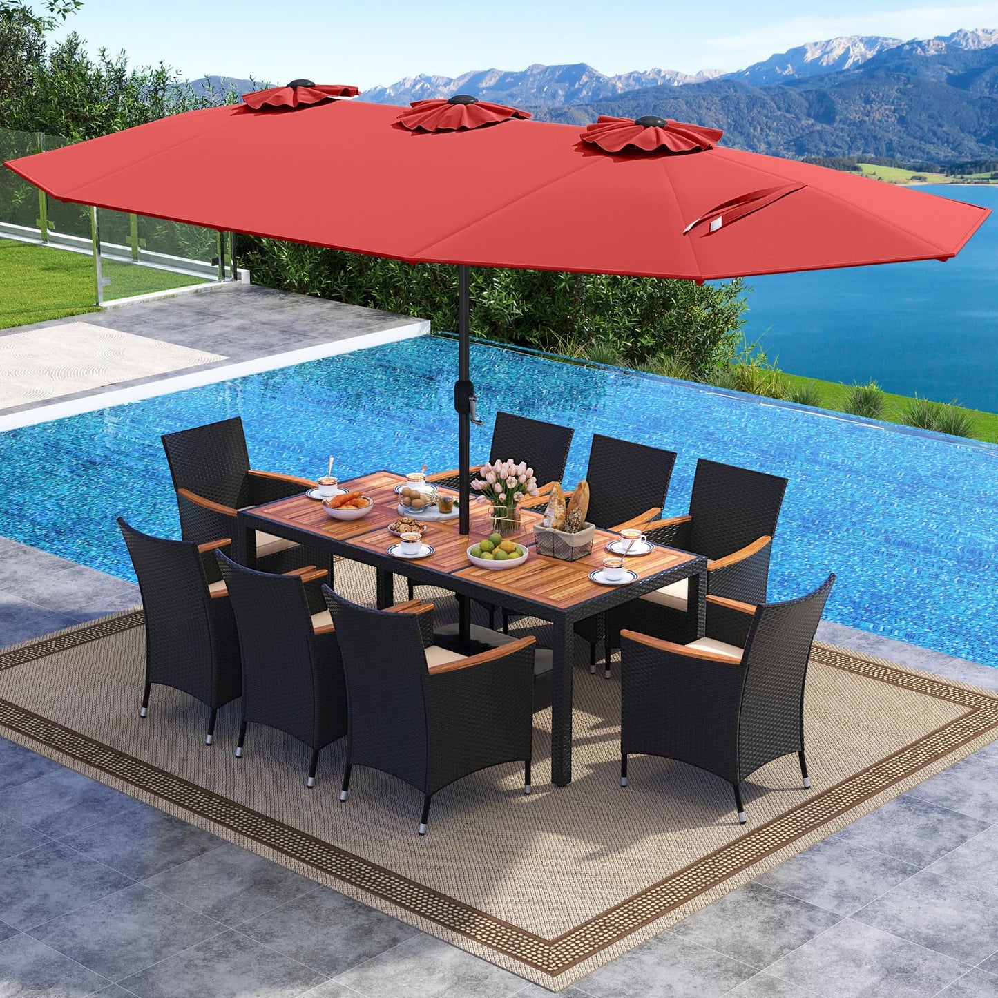 Tangkula 11 Piece Patio Wicker Dining Set w/Double-Sided Patio Umbrella