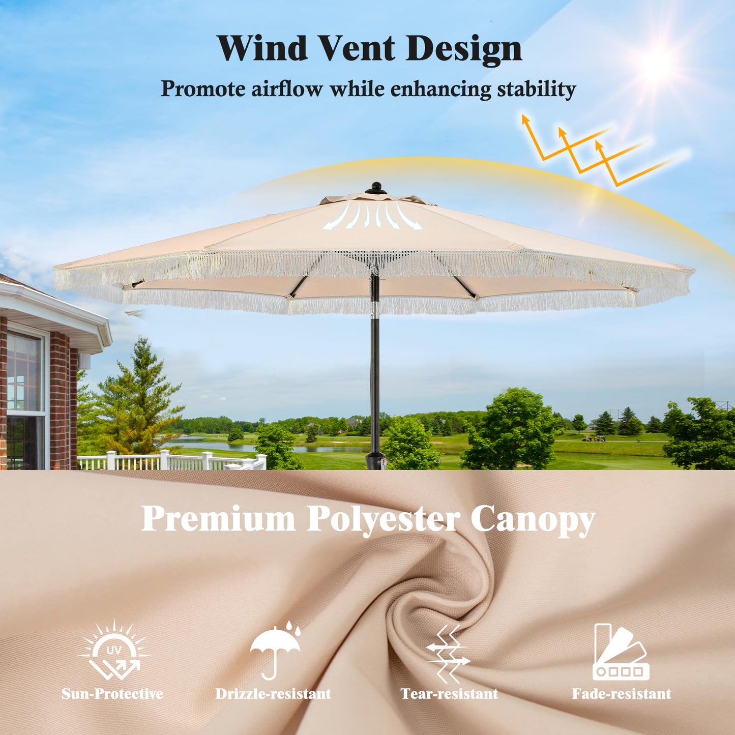 Tangkula 9Ft Patio Umbrella with Fringe, Boho Umbrella with Tassels, Crank Handle, Push Button Tilt