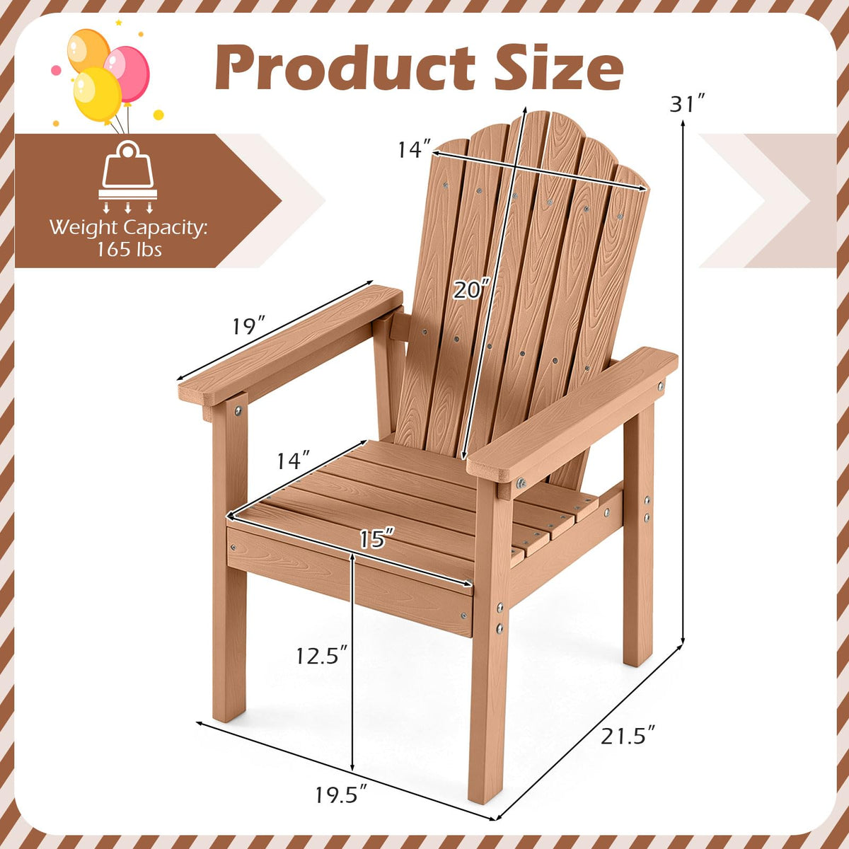 Chaise Adirondack d'extérieur Tangkula avec dossier haut et accoudoirs larges pour terrasse ou piscine