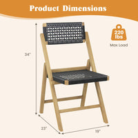 Tangkula Set of 2 Patio Folding Chairs, Solid Teak Wood Dining Chairs with Woven Rope Seat & Back
