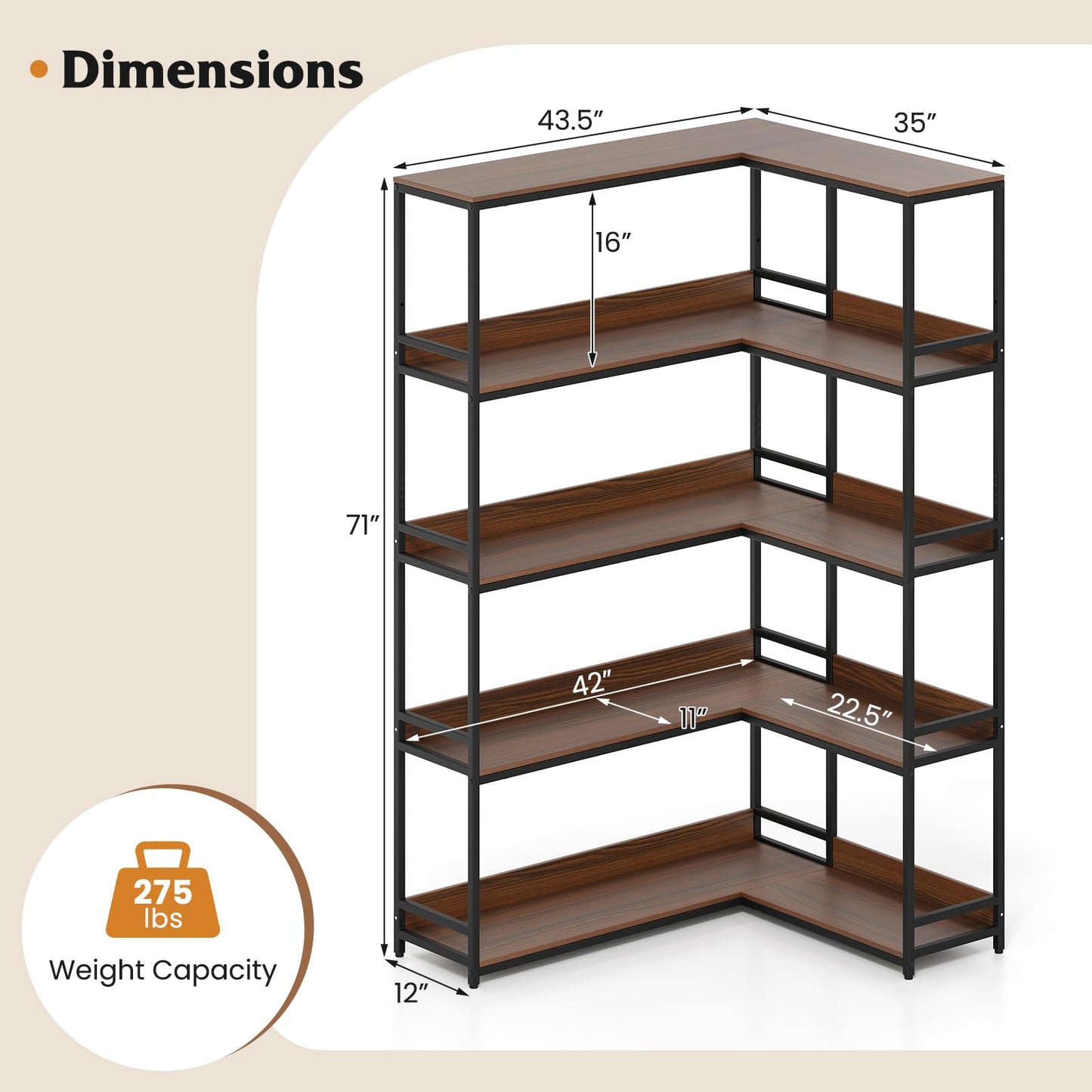 Tangkula Large Corner Bookshelf 90 Degrees 5-Tier Industrial Wood Open Corner Bookcase