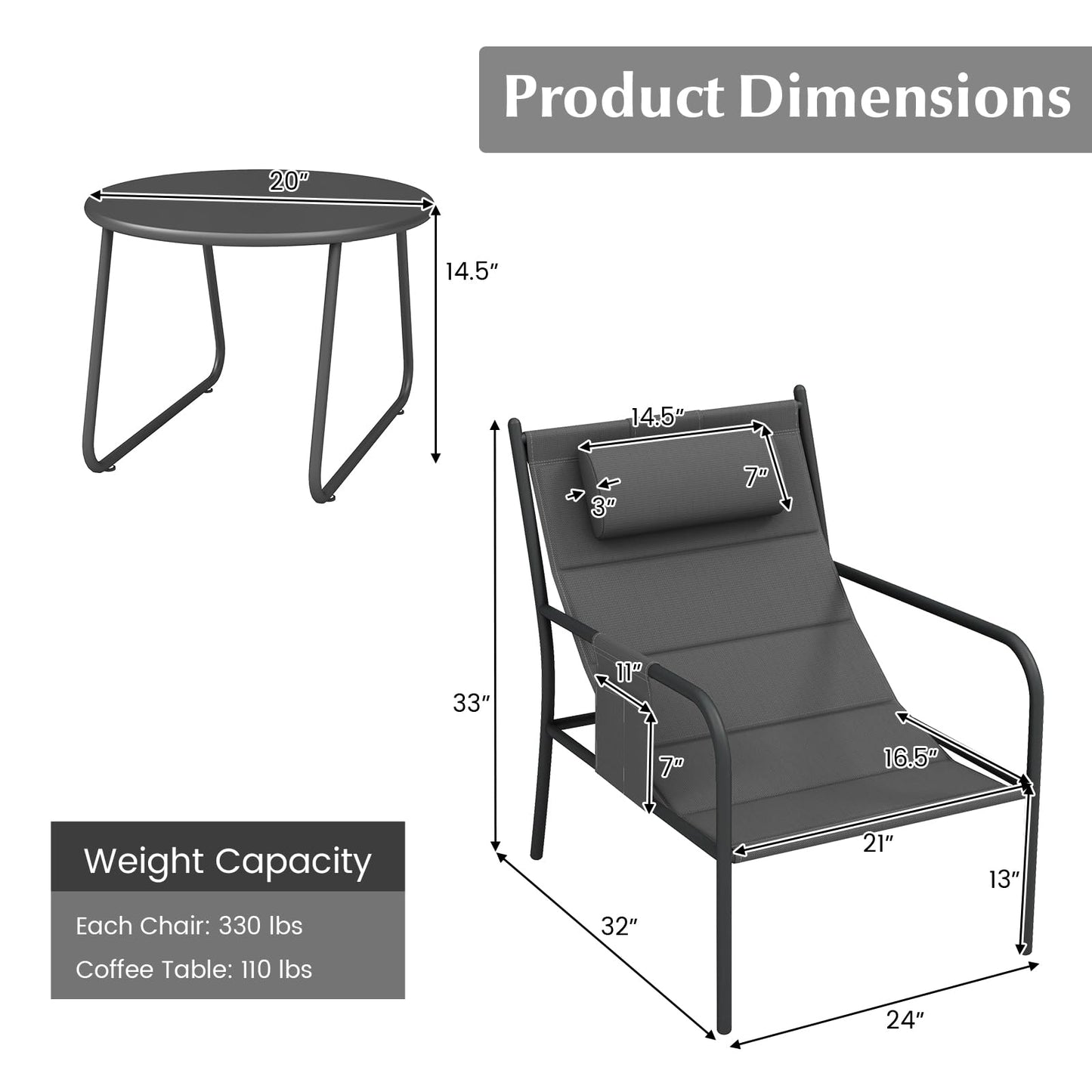 Tangkukla 3 Piece Outdoor Bistro Set, Patio Metal Chair & Coffee Table Set