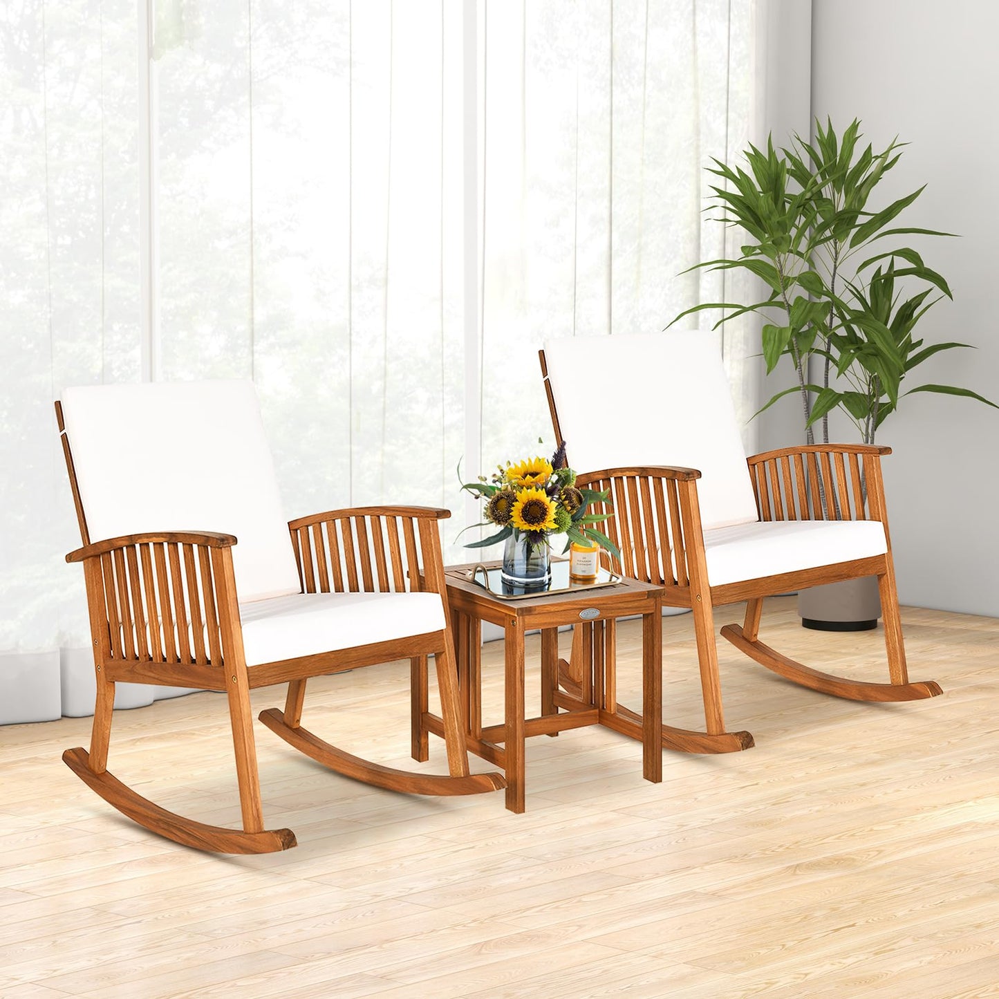 Tangkula 3 Pieces Acacia Wood Rocking Bistro Set Coffee Table and Cushions