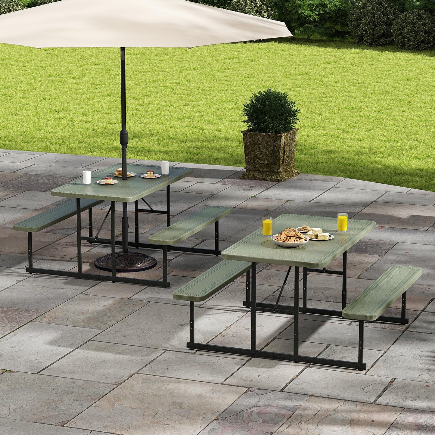 Tangkula HDPE Outdoor Rectangular Table Bench Set with 2 Built-in Benches