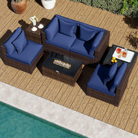 Tangkula 7 Pieces Wicker Patio Furniture Set with 40,000 BTU Gas Fire Pit Table & Propane Tank Cover Table & Glass Top Coffee Table