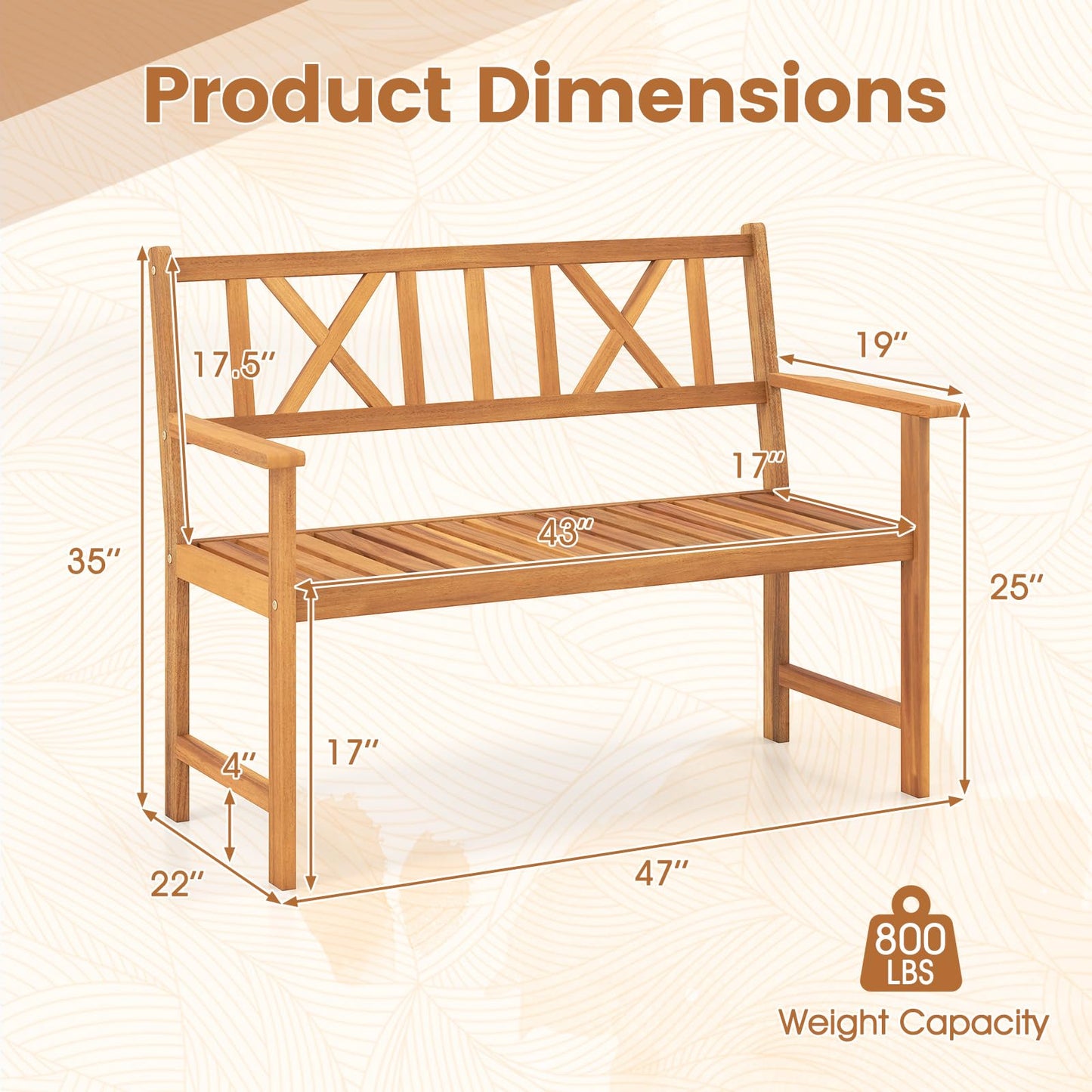 Tangkula 2-Person Acacia Wood Outdoor Garden Bench with Cushion(Without seat cushion)